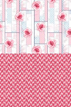 pink roses and chevroned fabric with white polka dots on the bottom right corner