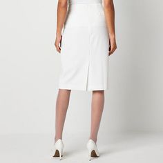 The clean silhouette and crisp white color of this Black Lable by Evan-Picone pencil skirt makes it a chic essential for elevated dressing. The lined style is made from stretch-crepe with a flat front, a mid-rise, a knee-length, and a back zipper closure. Add a blouse and a pair of pumps. Front Style: Flat FrontFeatures: Stretch FabricClosure Type: ZipperClosure Location: BackRise: Mid RiseApparel Length: 27 InchesFiber Content: 97% Polyester, 3% ElastaneFabric Description: CrepeLining: LinedLin Elegant High Waist White Pencil Skirt, Elegant White High-waist Pencil Skirt, High-waisted White Office Skirt, High Waist White Office Skirt, White High Waist Office Skirt, White High-waisted Office Skirt, White Pencil Skirt For Spring Office Wear, White Spring Office Pencil Skirt, White Spring Pencil Skirt For Office