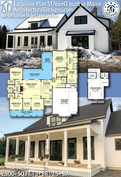 this is an image of the front and back of a house with plans for each floor