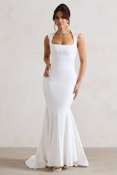 Adore You Cream Square-Neck Structured Fishtail Maxi Dress – Club L London - USA Cream Bridesmaids Dresses, Elope Dress, Square Wedding Dress, Simple Engagement Dress, Square Neckline Wedding Dress, Engagement Party Outfit, Uzun Boy, Fishtail Maxi Dress, Midi Bridesmaid Dress