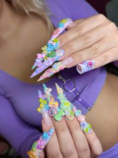 Long kawaii harajuku charms nails pastel Xl Kawaii Nails, Charms Nails Ideas, Harajuku Nail Art, Long Gyaru Nails, Long Junk Nails With Charms, Long Pastel Nails, Junk Nails Long, Gyaru Nails Charms, Stiletto Junk Nails