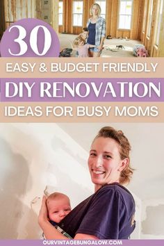 image of mother and young children in the midst of home remodeling projects text reads - 30 easy and budget friendly diy renovation ideas for busy moms Diy Renovation Ideas, Budget Friendly Diy, Easy Budget, Bedroom Farmhouse, Mid Century Kitchen, Diy Renovation