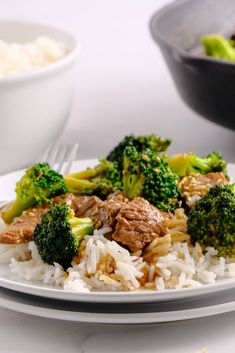 a white plate topped with rice and broccoli next to a bowl of meat