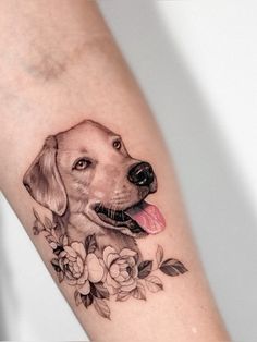 a dog with flowers on its leg