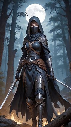 a woman in armor holding two swords and walking through the woods with a full moon behind her