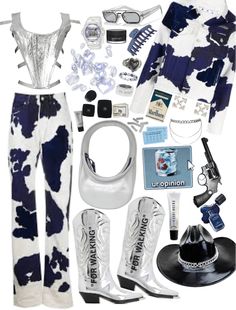 a woman's outfit and accessories are arranged in the shape of a cow print