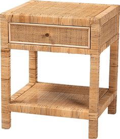 an end table with a drawer made out of wicker