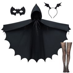 a black bat costume with lace garters and stockings