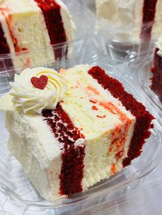 several slices of red velvet cake in plastic containers