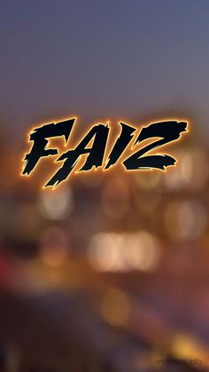 the word faz is written in black and yellow on a blurry background with city lights