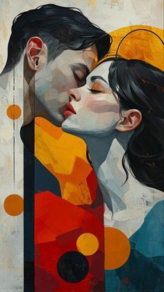 a painting of two people kissing in front of an orange and yellow background with circles