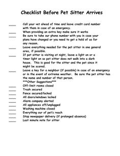 the checklist before pet sitter arrives is shown in black and white with text