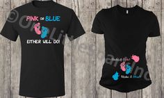 Welcome to One little Spark Inc, Make it Pink Make it blue gender party matching shirts  This listing includes 1 shirt only. Please add to your cart and select size and style per shirt and leave your design choice in note to seller. This design can also be made on Tank tops, Crew neck t-shirts or Raglan 3/4 sleeves style. Message us and we will be happy to set you up a custom order. Don't like the color combo? Contact us to request customization. **Local Miami Pick up available contact us for mo Blue Pre-shrunk T-shirt For Gender Reveal, Blue Family Matching T-shirt For Gender Reveal, Customizable Fitted Blue T-shirt, Fitted Customizable Blue T-shirt, Fitted Blue Customizable T-shirt, Disney Pregnant, Disney Maternity, Sleeping Princess, Epcot Shirts