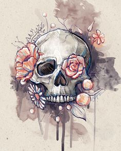 a drawing of a skull with flowers on it's head and watercolor paint