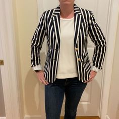 Gorgeous Banana Republic Blue & White Striped Double Breasted Blazer. Two Pockets With Flaps And Third Slit Pocket (All Still Sewed Up), Vented Flap In Back (Still Sewn Up As Well), Fully Lined...And Machine Washable! Excellent Quality Piece For Your Wardrobe. Silver Leather Jacket, Seersucker Blazer, Brown Corduroy Jacket, Faux Leather Vest, Waterproof Rain Jacket, Belted Jacket, Distressed Denim Jacket, Velvet Blazer, Striped Blazer