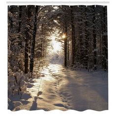 the sun shines through the trees on a snowy path shower curtain set size 70 h x 69 w