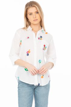 This white button down shirt is made from 100% natural cotton voile fabric. It also features floral embroidery.Model is 5’8” - wearing size small. Model Bust: 34” Hand-wash cold, lay flat to dry.Made in India. Cotton Button-up Blouse With Floral Embroidery, White Button-up Top With Floral Embroidery, White Floral Embroidered Button-up Top, White Embroidered Button-up Shirt, White Embroidered Shirt With Spread Collar, Spring Shirt With Embroidery And Spread Collar, Spring Shirt With Embroidered Spread Collar, Spring Embroidered Shirt With Spread Collar, Spring Embroidered Blouse With Spread Collar