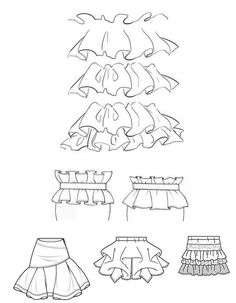 four different types of skirts with ruffles on the bottom, and one side