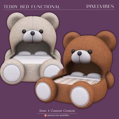 two stuffed teddy bears sitting next to each other on a purple background with the words teddy bed functional