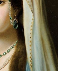 a painting of a woman wearing pearls and green jewelry