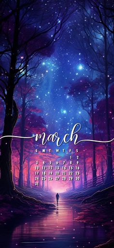 the march wallpaper with a person standing in front of trees and stars on it