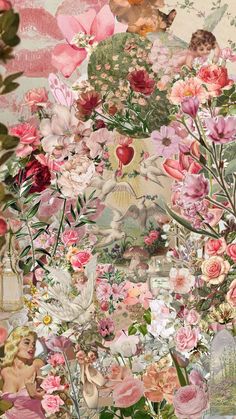 a collage of pink flowers and other things in the background, with an image of a woman's face surrounded by roses