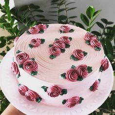 a cake with pink frosting and green leaves on top is being held by a person