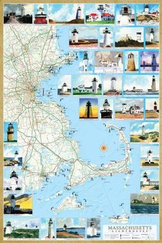 a map with pictures of lighthouses on it