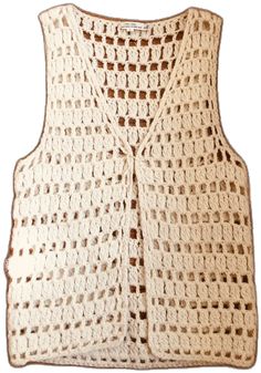 a white crocheted vest with brown buttons on the front and back, made out of