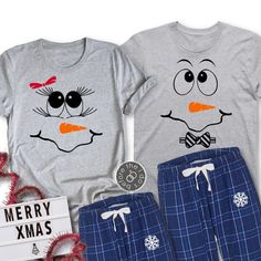 ----------> DESCRIPTION <---------- Our super cute and comfy pajama set is perfect for the couple celebrating Christmas as Mr. and Mrs.! The soft tees feature a relaxed fit --- making it ideal for both him and her. And the cotton flannel pajama pants are as cozy as they come. Both tees are light grey, and the pants are a navy blue plaid as pictured. ----------> DETAILS + SIZING <---------- SIZING: See size chart under additional product images. Compare your measurements in inches to the size cha Christmas Couple Pajamas, Couples Christmas Shirts, Couple Celebrating, Couples Christmas, Couple Pajamas, Adult Pajamas, Flannel Pajama Pants, Christmas Pajama Set, Celebrating Christmas