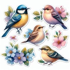 birds and flowers stickers on a white background