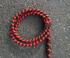 a red and black rope laying on the ground