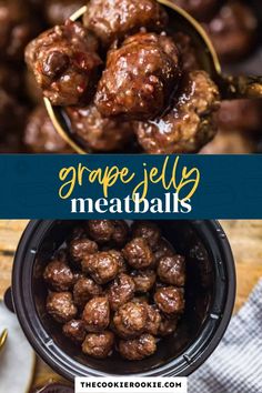 grape jelly meatballs in a crock pot with text overlay that reads grape jelly meatballs