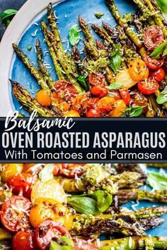 balsamic oven roasted asparagus with tomatoes and parmesan on a blue plate