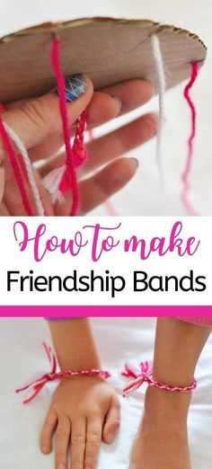 two hands are tied together to make a friend's handbands with yarn