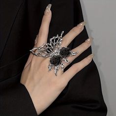 1pcs exquisite black rose butterfly ring gothic Y2K woman gift Insect Ring, Rose Butterfly, Gothic Chic, Hip Hop Rings, Big Butterfly, Nail Ring, Red Butterfly, Animal Rings, Vintage Punk