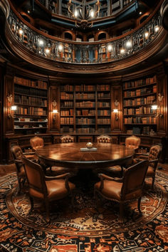 a round table surrounded by chairs in front of a bookshelf