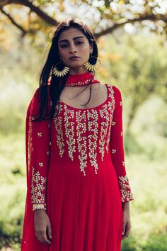 Chudithar Designs, Roka Outfits, Madsam Tinzin, Red Salwar Suit, Red Moodboard, Yoke Embroidery, Kalidar Kurta, Embroidery Suits Punjabi, Indian Kurti Designs