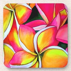 an abstract painting of pink and yellow flowers