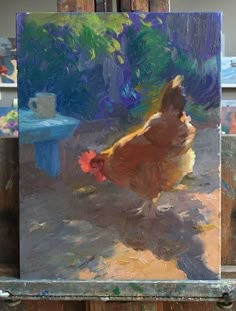 an oil painting of a chicken on a easel