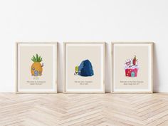 three framed pictures on a wall with pineapples and other things in the background