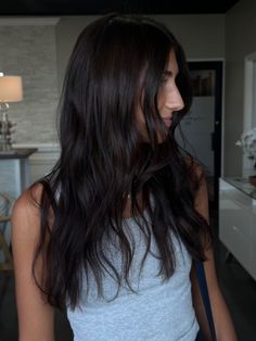 Auburn Hair On Black Hair, Dark Deep Brown Hair, Dark Chocolate Brown Hair With Layers, Dark Hair For Olive Skin Tone, Extremely Dark Brown Hair, Dark Brown Light Brown Highlights, Rich Deep Brown Hair, Chocolate Dark Hair, Dark Brown Glossy Hair