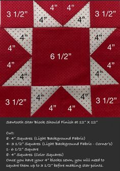 the instructions for how to sew a quilt star on a red background with white polka dots