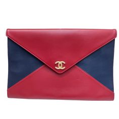 Chanel Clutch Bag Bicolor Lambskin Navy Red Luxury Red Classic Clutch, Luxury Red Clutch Box Bag, Red Rectangular Clutch With Zipper Closure, Chanel Clutch Bag, High-end Red Rectangular Box Bag, Chanel Clutch, Luxury Red Clutch With Gold-tone Hardware, Red Color, Chanel Bag