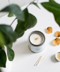 a candle and two spoons sitting on a table next to some green leafy plants