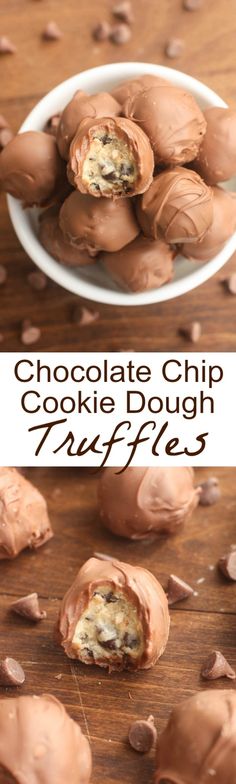 chocolate chip cookie dough truffles on a wooden table with text overlay that reads, chocolate chip cookie dough truffles