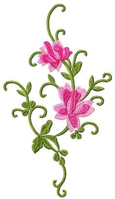 two pink flowers with green leaves on the stems are embroidered onto a white background,