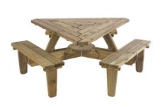 a wooden picnic table with two benches