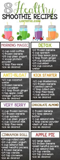 the 8 healthy smoothie recipes list is shown in this graphic diagram, which shows how to