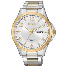 Citizen defines sophisticated style with the timeless design of this men's two-tone watch. Citizen defines sophisticated style with the timeless design of this men's two-tone watch. FEATURES Day & date window DISPLAY Dial color: silver tone Face cover material: mineral crystal CASE Material: stainless steel with gold-tone bezel Diameter: 41 mm BAND Material: stainless steel with gold-tone accents Clasp: fold-over push-button deployment Circumference: 210 mm Width: 20 mm Not the right fit? Visit Mens Watches Citizen, Tone Face, Citizen Watch, Two Tone Watch, Dress Watch, Steel Watch, Stainless Steel Watch, Minerals Crystals, Automatic Watch